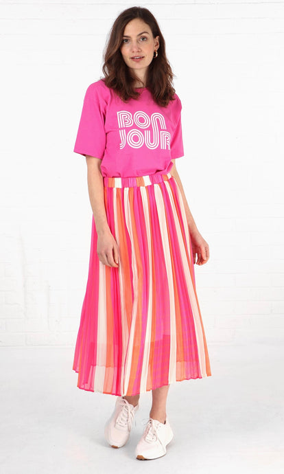 Striped Chiffon Pleated Skirt in Pink Coral