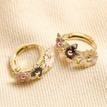 Load image into Gallery viewer, Multicoloured Enamel Floral Huggie Hoop Earrings in Gold
