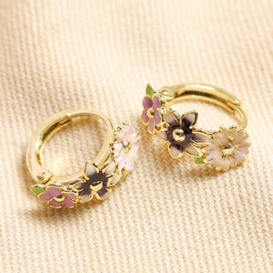 Multicoloured Enamel Floral Huggie Hoop Earrings in Gold