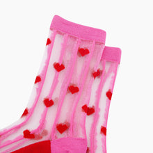 Load image into Gallery viewer, Hearts Stripes Combed Cotton Sheer Pop Socks in Pink/Red: UK 3-7 | EU 36-40 | US 5-9