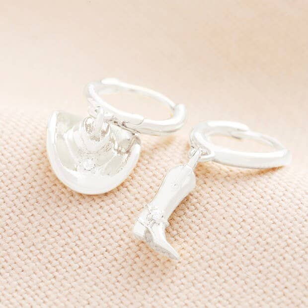 Mismatched Cowboy Boot and Hat Huggie Hoop Earrings Silver