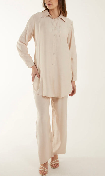 STONE LIGHTWEIGHT SHIRT & WIDE LEG TROUSER CO-ORDS
