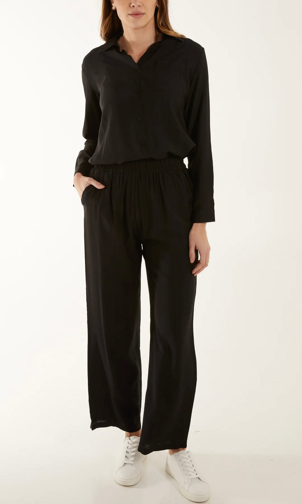 BLACK LIGHTWEIGHT SHIRT & WIDE LEG TROUSER CO-ORDS