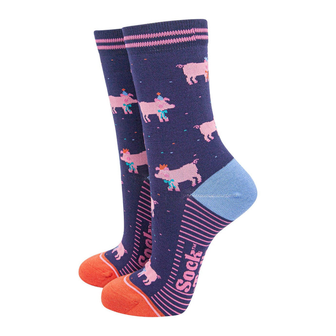 Women's Bamboo Socks - Navy Blue/Orange, Party Pigs: UK 3-7 | EU 36-40 | US 5-9