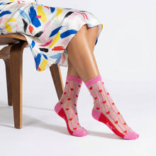 Load image into Gallery viewer, Hearts Stripes Combed Cotton Sheer Pop Socks in Pink/Red: UK 3-7 | EU 36-40 | US 5-9