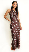 Load image into Gallery viewer, Brown Satin Polka Dot Tie Back Midi Dress