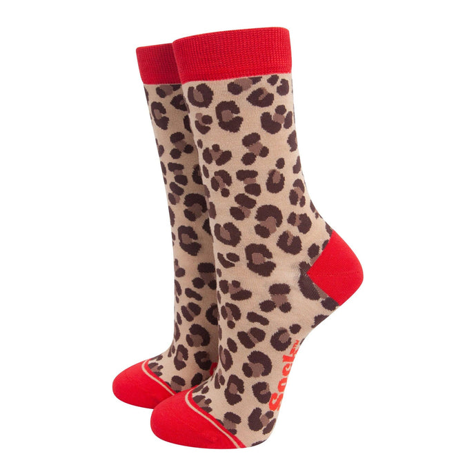 Women's Bamboo Socks - Beige/Red, Leopard: UK 3-7 | EU 36-40 | US 5-9