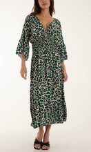 Load image into Gallery viewer, GREEN LEOPARD SHIRRED BODICE MIDI DRESS
