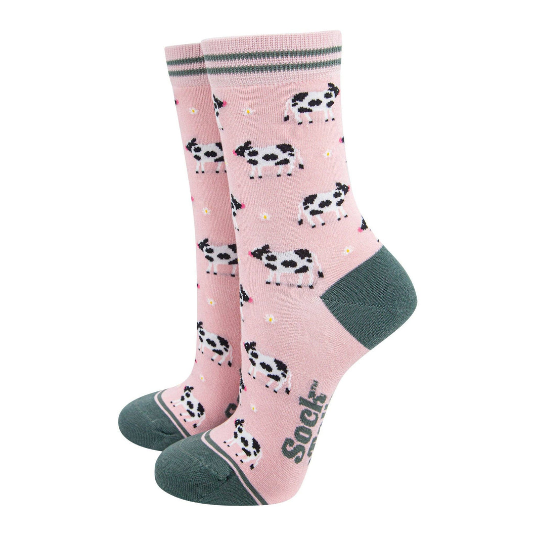 Women's Bamboo Socks - Light Pink/Green, Spring Cow: UK 3-7 | EU 36-40 | US 5-9