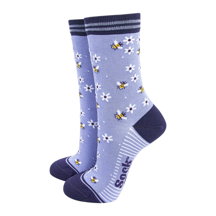 Women's Bamboo Socks - Sky Blue/Navy Blue, Bee and Flowers: UK 3-7 | EU 36-40 | US 5-9