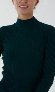 GREEN TURTLENECK RIBBED BODYCON KNITTED DRESS