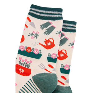 Women's Bamboo Socks - Cream/Green, Gardening: UK 3-7 | EU 36-40 | US 5-9