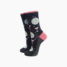 Load image into Gallery viewer, Retro Discoball &amp; Cocktail Women's Bamboo Socks in Black: UK 3-7 | EU 36-40 | US 5-9