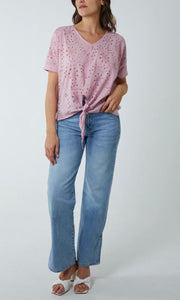 PINK BRODERIE BATWING KNOT FRONT TOP