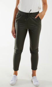 KHAKI LEATHER LOOK TROUSERS