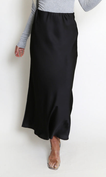 Black Satin High Waist A-Line Maxi Skirt