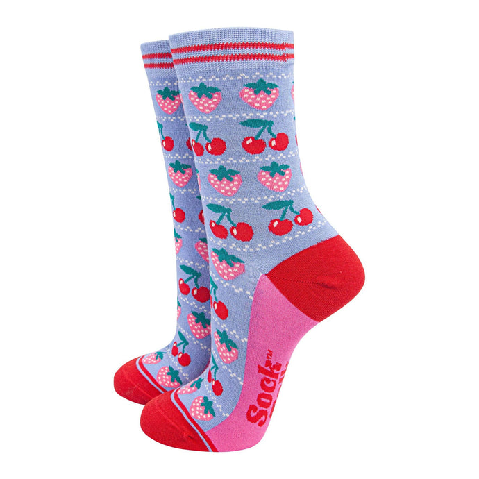 Women's Bamboo Socks - Light Blue/Red, Strawberries: UK 3-7 | EU 36-40 | US 5-9