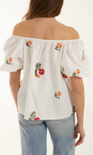 Load image into Gallery viewer, EMBROIDERED FLOWER PUFF SLEEVE BARDOT TOP