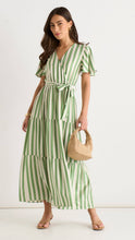 Load image into Gallery viewer, Sage Green Stripe Wrap Belted Viscose Midi Dress: UK 12 / US 8 / EU 40