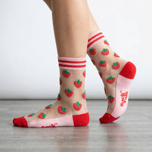 Load image into Gallery viewer, Strawberries Fruit Combed Cotton Sheer Pop Socks in Red: UK 3-7 | EU 36-40 | US 5-9