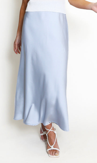 Blue Satin High Waist A-Line Maxi Skirt