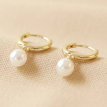 Load image into Gallery viewer, Glass Pearl Huggie Hoop Earrings: Gold