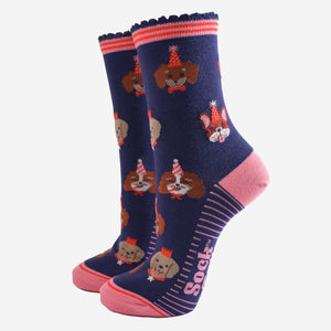 Women's Bamboo Socks - Navy Blue/Pink, Party Dogs: UK 3-7 | EU 36-40 | US 5-9