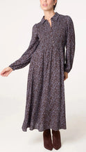 Load image into Gallery viewer, Blue and Brown Shirred Shirt Dress