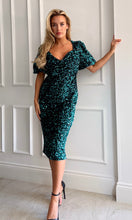 Load image into Gallery viewer, Harbor Green Velvet Sequin Wrap Detail Midi Dress