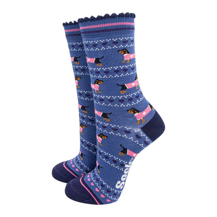 Women's Bamboo Socks - Blue/Navy, Sausage Dogs Fair Isle: UK 3-7 | EU 36-40 | US 5-9
