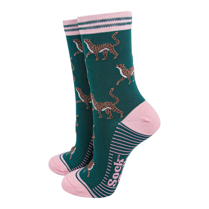 Women's Bamboo Socks - Green/Light pink, Winter Cheetah: UK 3-7 | EU 36-40 | US 5-9