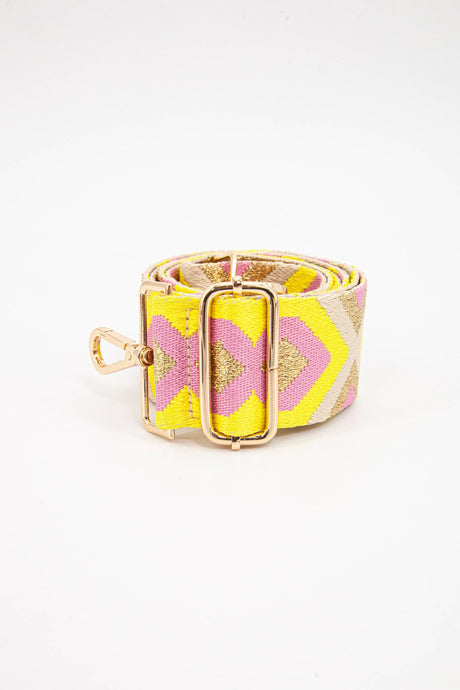 Woven Aztec Print Metallic Wide Bag Strap in Pink & Yellow: One-size