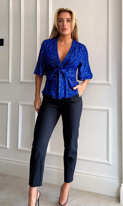 Brooke Cobalt Sequin Wrap Detail Top