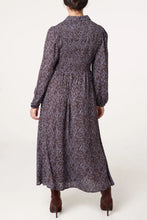 Load image into Gallery viewer, Blue and Brown Shirred Shirt Dress