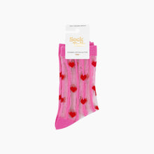 Load image into Gallery viewer, Hearts Stripes Combed Cotton Sheer Pop Socks in Pink/Red: UK 3-7 | EU 36-40 | US 5-9