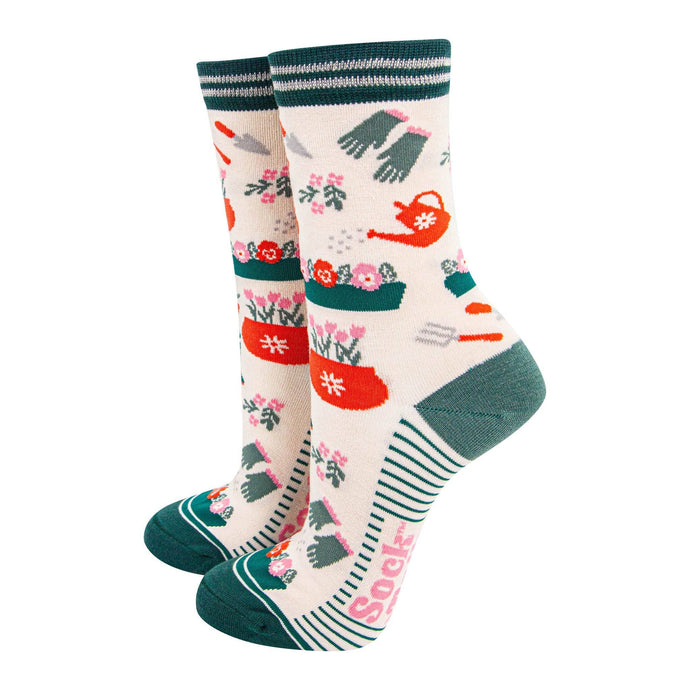 Women's Bamboo Socks - Cream/Green, Gardening: UK 3-7 | EU 36-40 | US 5-9