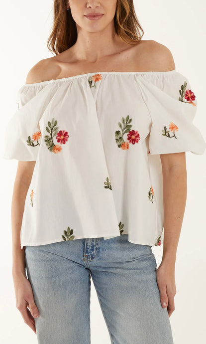 EMBROIDERED FLOWER PUFF SLEEVE BARDOT TOP