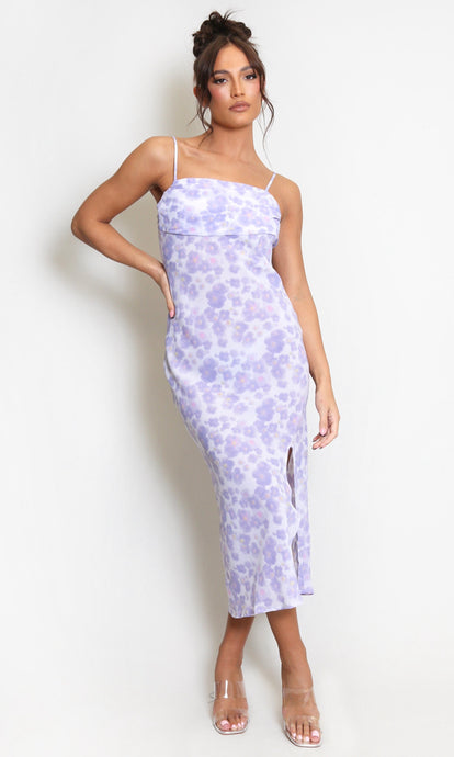Lilac Floral Watercolour Midi Dress With Slit