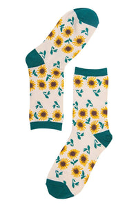 Womens Bamboo Socks Sunflower Floral Print Ankle Socks Green