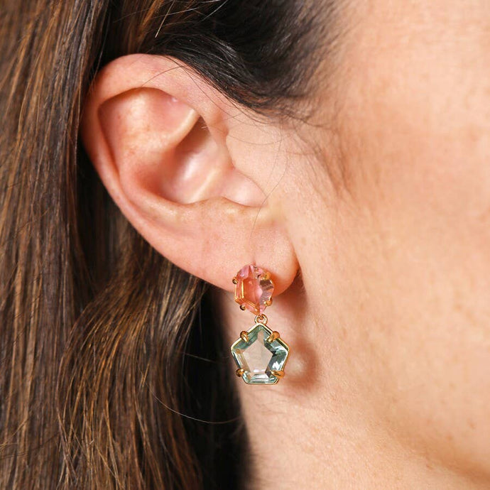 Blue and Pink Crystal Drop Earrings in Gold
