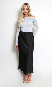 Black Satin High Waist A-Line Maxi Skirt
