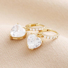 Load image into Gallery viewer, Crystal Heart Huggie Hoop Earrings in Gold