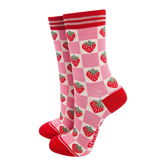 Women's Bamboo Socks - Pink/Red, Checked Strawberry: UK 3-7 | EU 36-40 | US 5-9