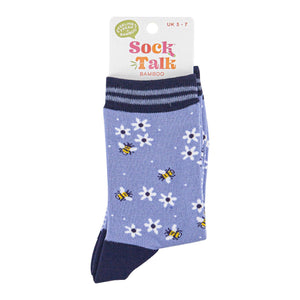 Women's Bamboo Socks - Sky Blue/Navy Blue, Bee and Flowers: UK 3-7 | EU 36-40 | US 5-9