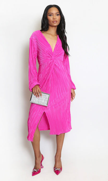 Pink Plisse Twist V-Neck Midi Dress