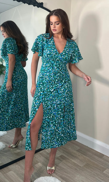 Levi Green Angel Sleeve Split Leg Midi Dress