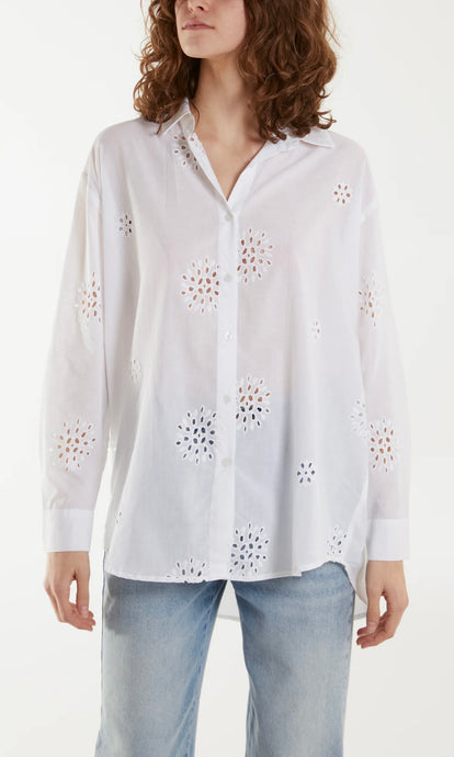 WHITE VOILE EMBROIDERED BUTTON DOWN SHIRT