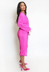 Pink Plisse Twist V-Neck Midi Dress