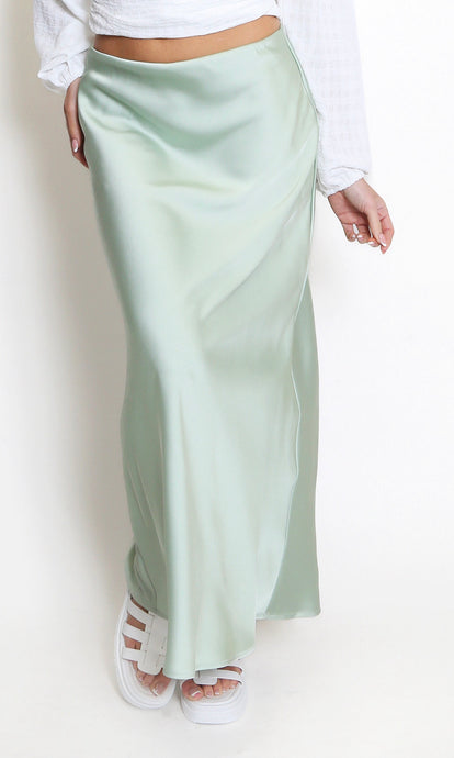 Green Satin High Waist A-Line Maxi Skirt