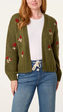 Load image into Gallery viewer, Chunky Knit Khaki Embroidered Flower Cardigan